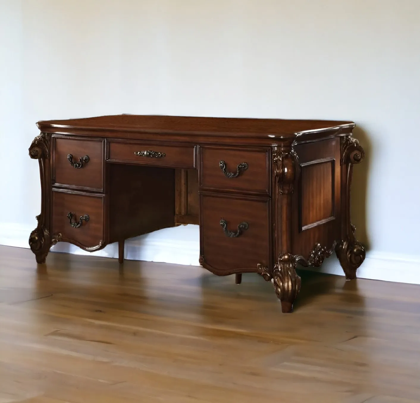 74 Brown Mirrored Executive Desk With Five Drawers