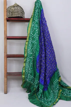 Blue And Green Checks Bandhani Silk Dupatta