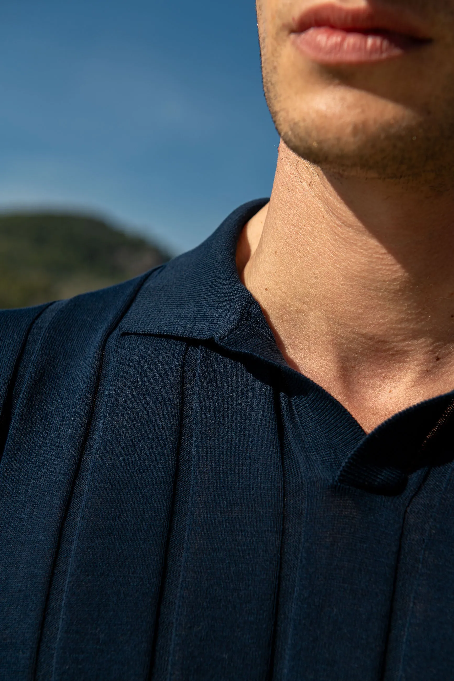 Blue ribbed knit polo - Made in Italy