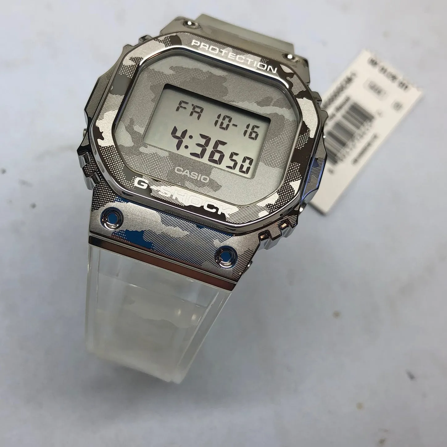 Casio G-Shock GM5600SCM-1 Clear Camo Silver Steel Metal Bezel Square Watch