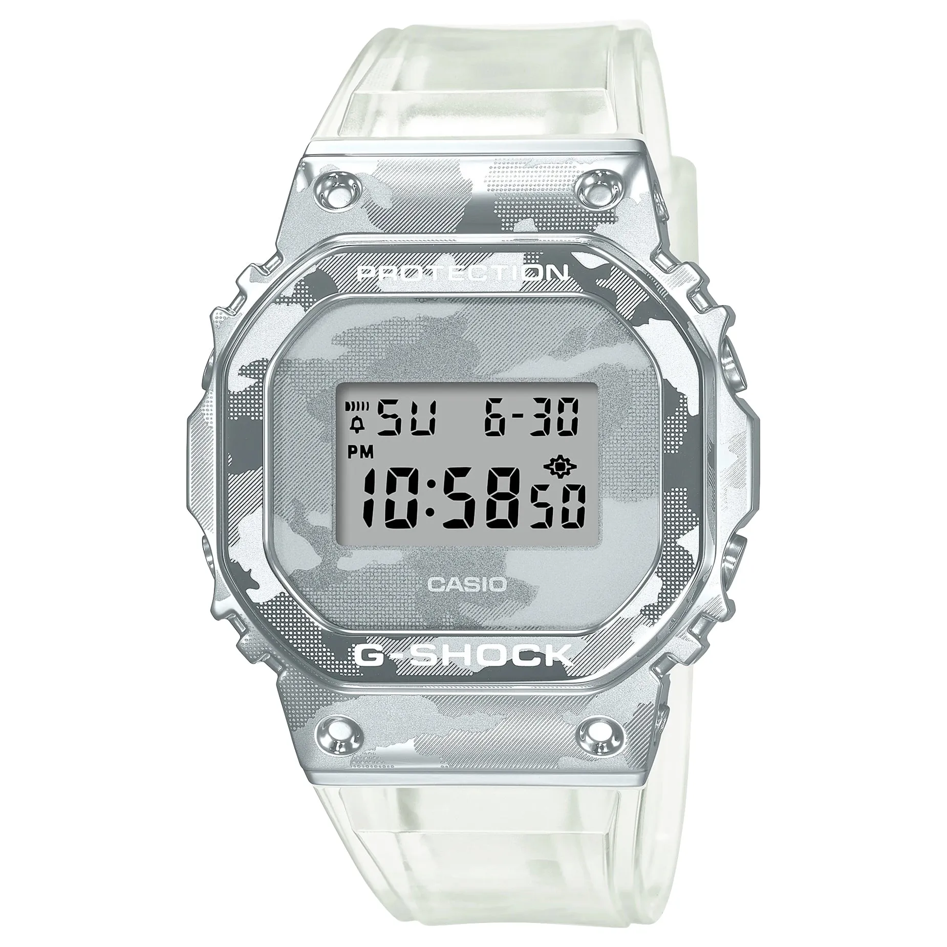 Casio G-Shock GM5600SCM-1 Clear Camo Silver Steel Metal Bezel Square Watch