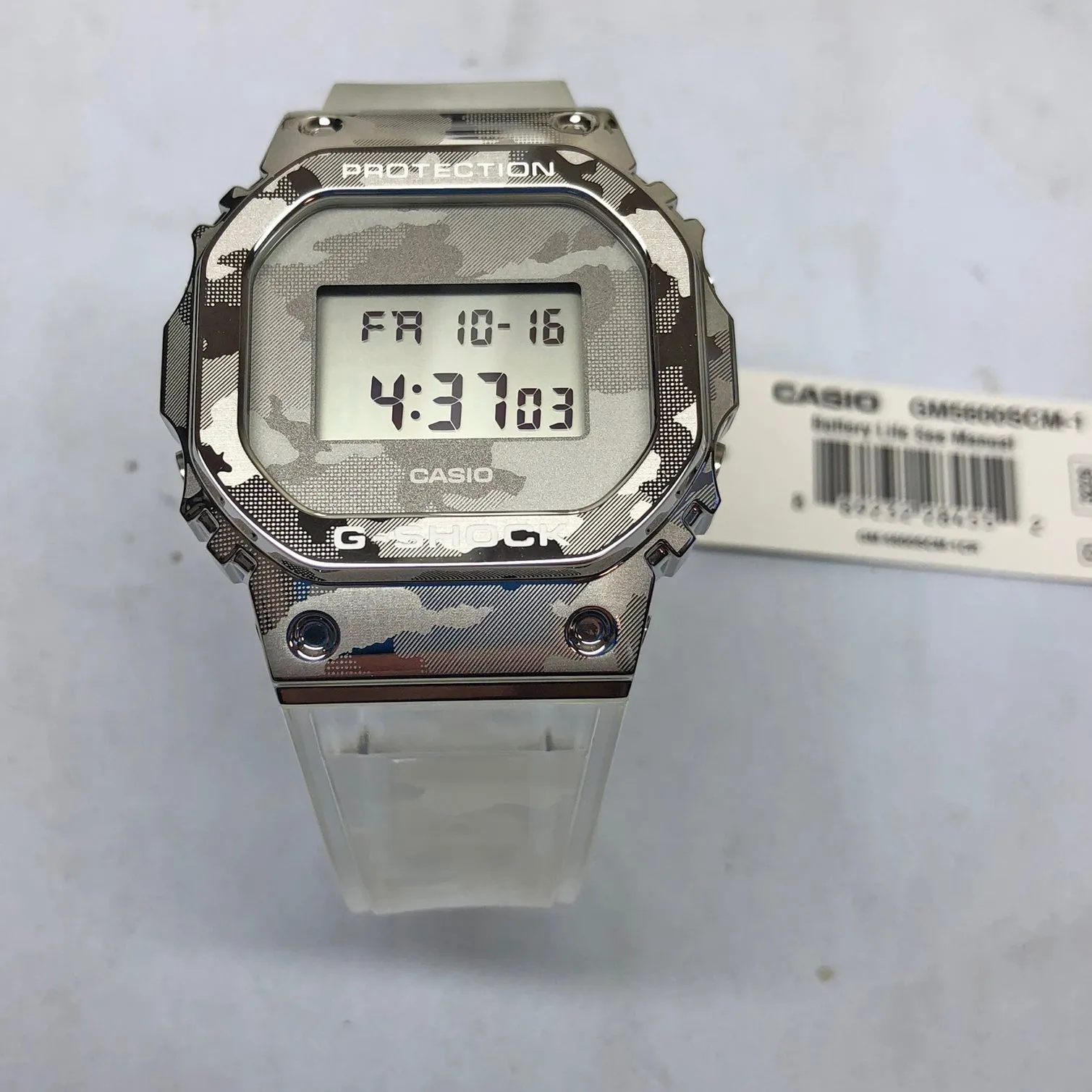 Casio G-Shock GM5600SCM-1 Clear Camo Silver Steel Metal Bezel Square Watch