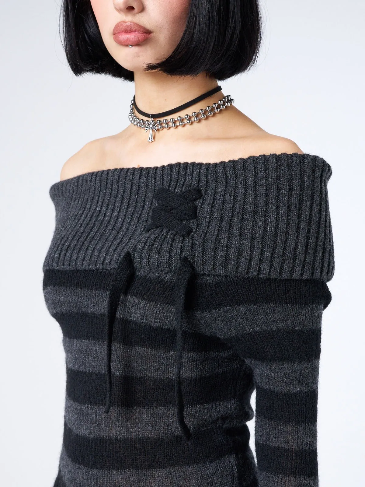 Cinder Striped Off Shoulder Knit Jumper