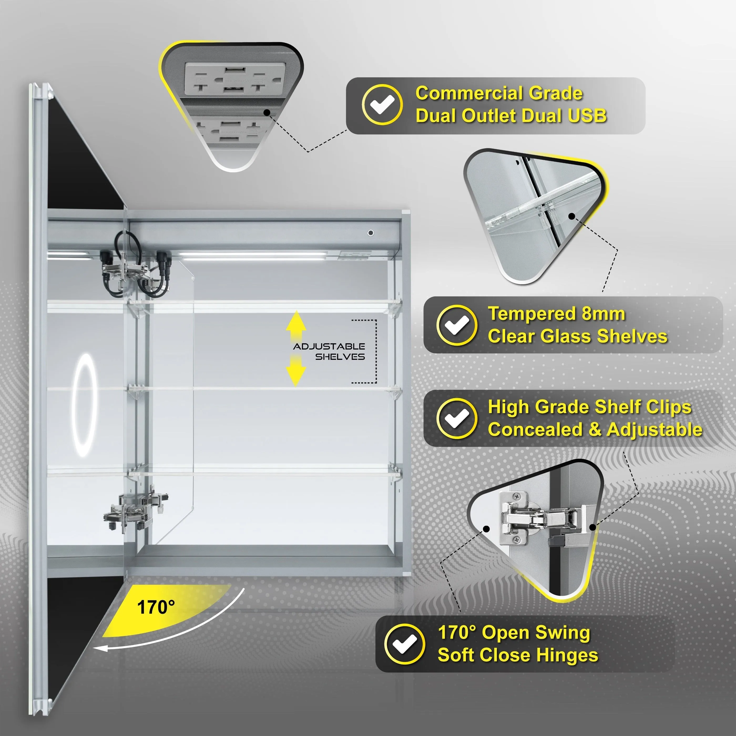 DECADOM LED Mirror Medicine Cabinet Recessed or Surface, Defogger, Dimmer, Clock, Room Temp Display, Makeup Mirror 3X, Outlets & USBs AURA 24x30L