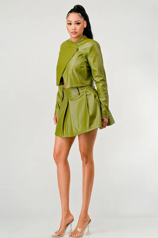 Faux Leather Jacket & Skirt Set - Olive