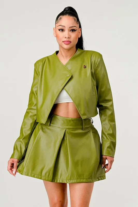 Faux Leather Jacket & Skirt Set - Olive