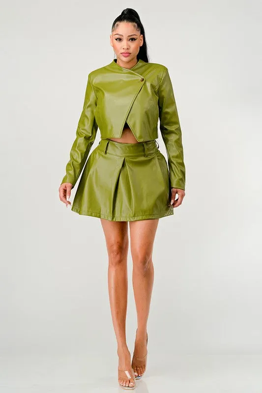 Faux Leather Jacket & Skirt Set - Olive