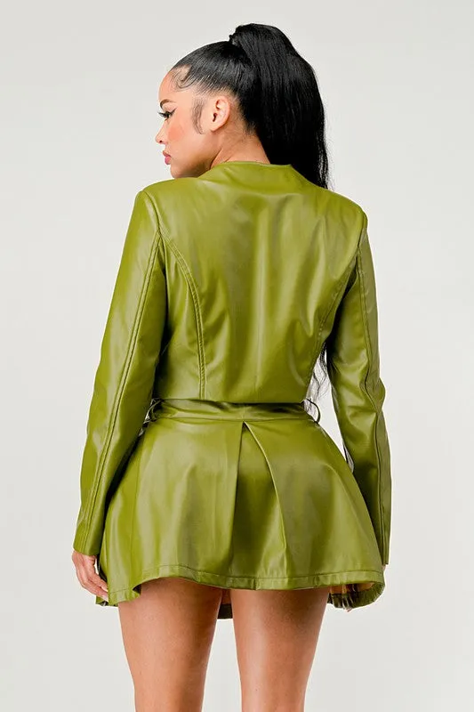 Faux Leather Jacket & Skirt Set - Olive