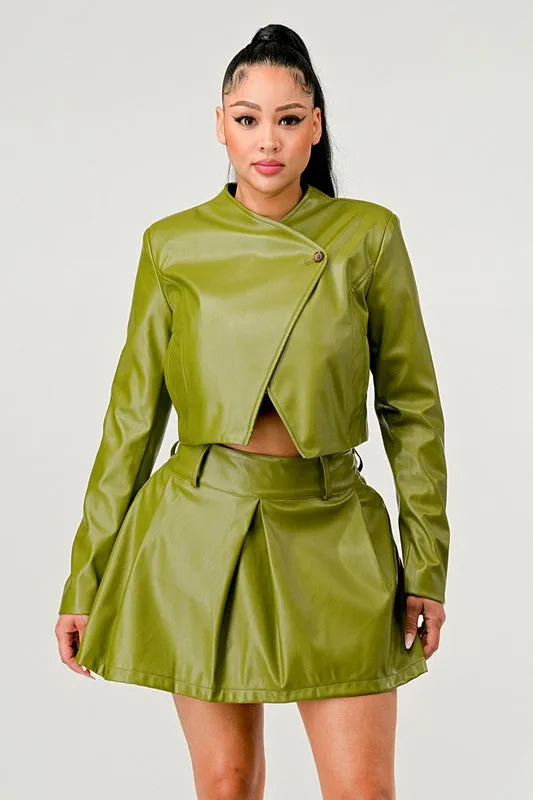 Faux Leather Jacket & Skirt Set - Olive