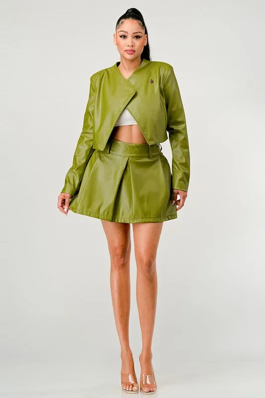 Faux Leather Jacket & Skirt Set - Olive